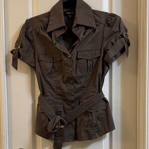 bebe Chocolate Brown Short Sleeve Belted Utility Blouse